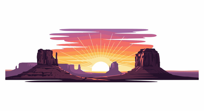 Pixel art desert buttes at sunrise with radiating sunbeams