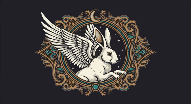 Ornately framed white winged rabbit with moon and stars