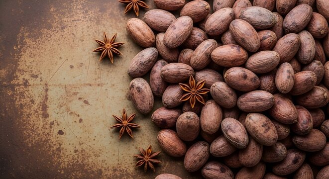 A stunning overhead view of dried fava beans and star anise showcasing rustic textures and warm tones