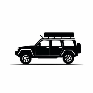 Black silhouette of an off road vehicle with a rooftop tent.