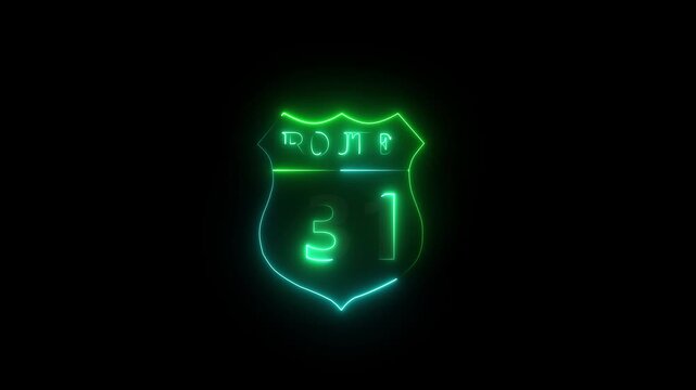 Glowing neon Route 31 text icon ,Route 31 shape symbol burning Loop. who will be used for road glowing against a black background ROUTE 31 .4k video motion graphic animation....