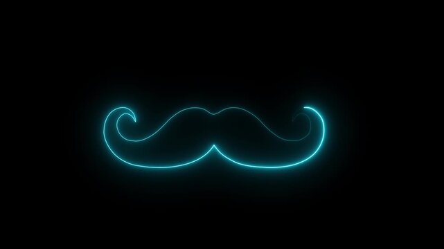 Neon royal mustache icon animation on black background, glowing facial hair symbol, elegant style and fashion concept, luxury barber logo, vintage grooming and masculine design .. 4k animation