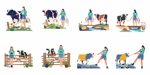Flat vector illustration collection of a young woman farmer interacting with cows in various rural and agricultural farm settings.