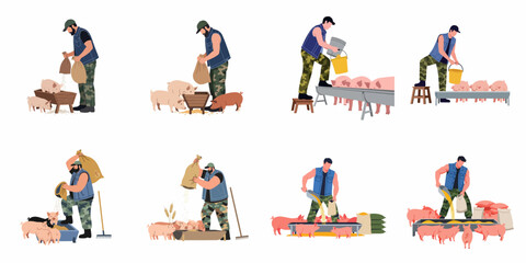 Collection of illustrations showing a male farmer in camouflage attire feeding pigs and piglets with grain and water on a farm. © Sugih