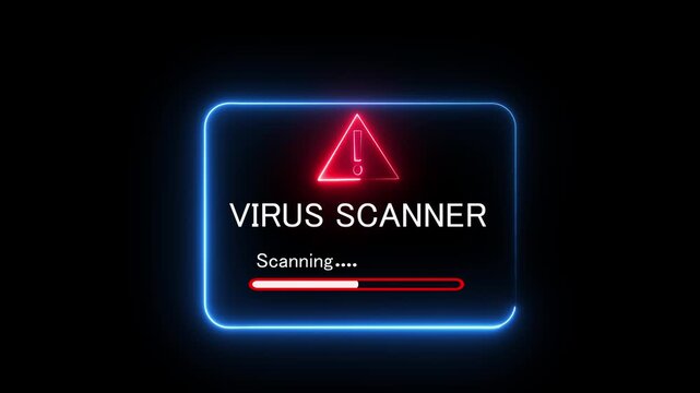 Virus scanner window with neon border and warning symbol. cybersecurity scanning alert, antivirus software progress bar animation on black screen. virus scanning computer technology
