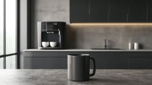 Modern Kitchen Scene Featuring Black Mug on Stone Countertop with Coffee Machine and Natural Light Streaming Through Large Window
