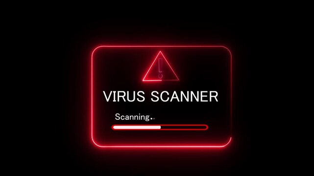 Virus scanner window with neon border and warning symbol. cybersecurity scanning alert, antivirus software progress bar animation on black screen. virus scanning computer technology