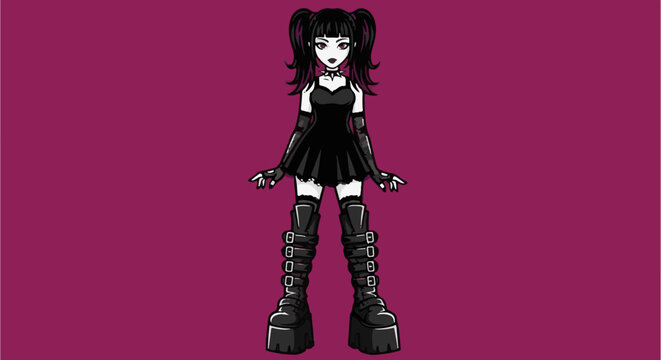Pixel art of a goth girl with pigtails, choker, short dress, and platform boots