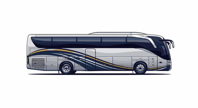 Pixel art of a modern, silver double-decker tour bus with blue, gold accents