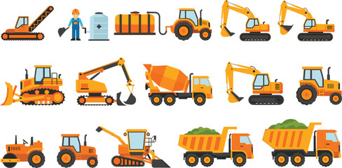 Construction vehicles and heavy machinery illustration featuring excavators, bulldozers, dump trucks, cement mixer, and worker equipment © MstRezoara
