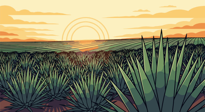 Pixelated agave field at sunset with stylized sun and clouds