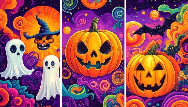 Vibrant halloween artwork with pumpkins ghosts and spooky elements in a colorful swirly background ai generative