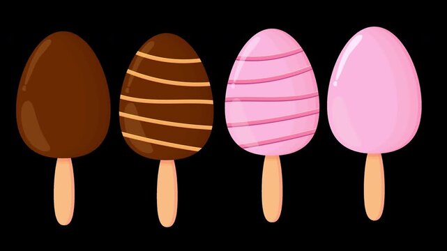 Animated Popsicle Ice Cream Set, Chocolate and Strawberry Glaze, Alpha Channel