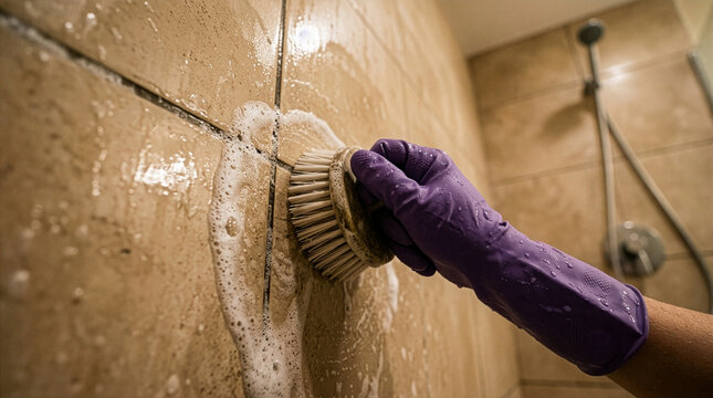 Hand wearing purple rubber glove scrubbing shower tiles and dark grout with brush and foamy cleaner, removing grime and mildew for a fresher, hygienic bathroom surface