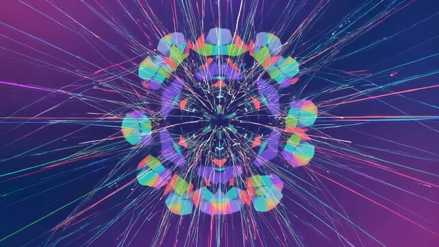 Abstract Geometric Mandala Radiating Through a Purple Digital Tunnel with Glowing Neon Light Trails and Cyberpunk Vibes