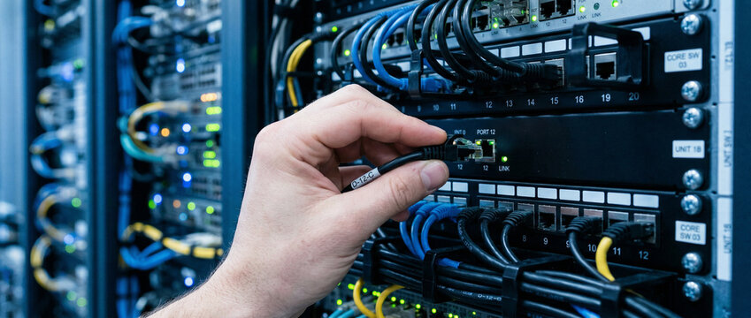 It technician's hand plugging an rj45 ethernet cable into a server rack switch, ensuring network connectivity and data flow in a modern data center environment