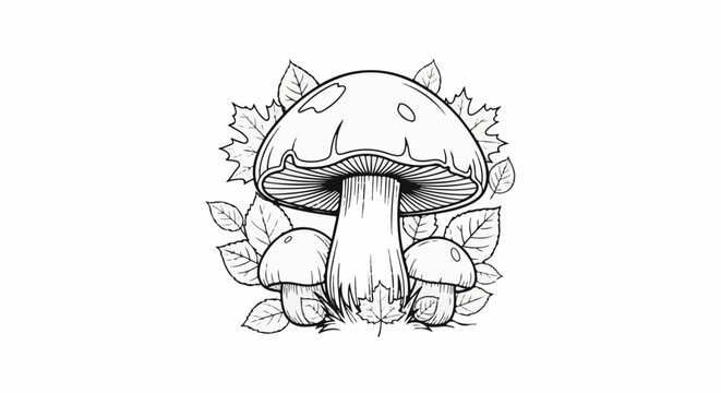 Outline illustration of three mushrooms surrounded by fallen leaves on a white background