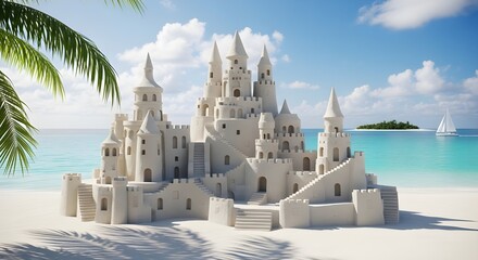 Naklejka premium Majestic sandcastle kingdom a detailed view of an elaborate beach creation with tropical surroundings and azure waters