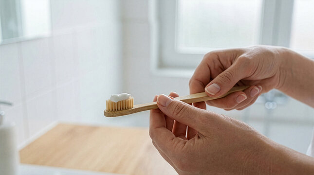 Hands holding a bamboo toothbrush with toothpaste, preparing for daily dental hygiene, embracing an eco-friendly and sustainable morning routine in a bathroom