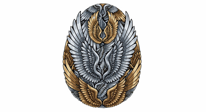 Ornate oval emblem featuring layered golden and silver wings