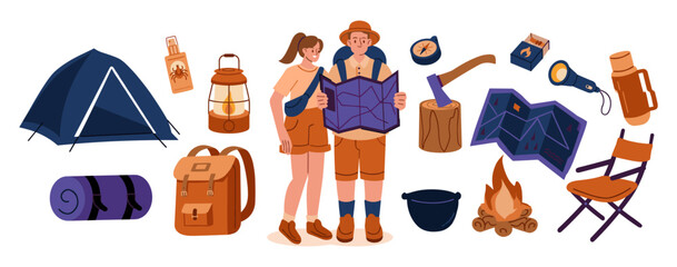 Couple enjoying camping trip with gear and tent sleeping bag outdoors adventure backpack activity recreation vacation mountain equipment supplies together enjoyment relaxation lifestyle © Domestock
