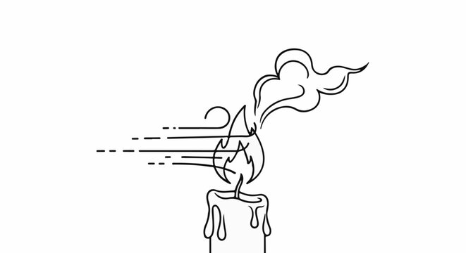 Outline of a candle flame being blown by wind, with smoke rising