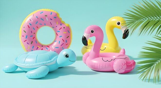 Vibrant summer fun inflatable pool floats featuring a donut flamingo and turtle on a light blue background