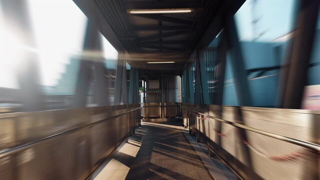 Urban pedestrian tunnel with motion blur perspective and vanishing point corridor, Futuristic bridge walkway with dynamic speed effect and portal city passage, dimension diminishing 4k