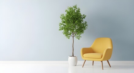Fototapeta premium Minimalist interior design featuring a tall ficus tree and a mustard yellow armchair against a light blue wall