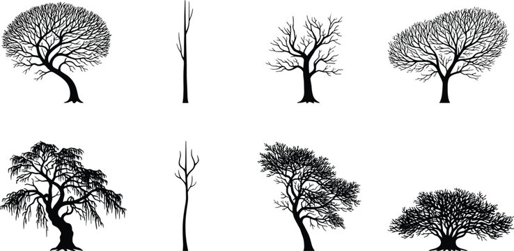 Professional set of black dead tree silhouettes and leafless winter branch vectors for nature landscaping and environmental conservation design projects