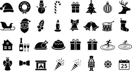 Set of professional black holiday icons featuring Santa Claus reindeer winter decorations and festive celebration symbols for commercial graphic design and seasonal marketing projects © MdRasel