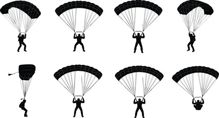 Set of professional black paragliding and skydiving silhouettes featuring parachutists in flight for extreme sports adventure branding and outdoor recreation projects © MdRasel