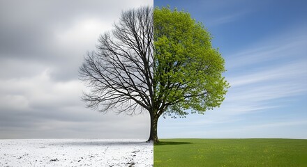 Fototapeta premium A striking visual representation of the four seasons embodied in a single tree showcasing nature's cyclical transformation