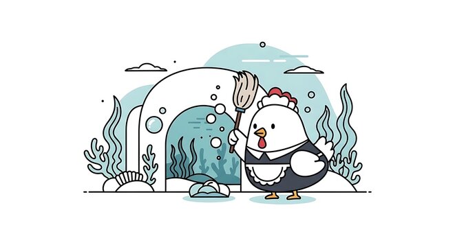 A cartoon chicken, dressed as a maid, tidies a stylized underwater scene, with a coral arch and plant life