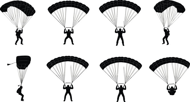 Set of professional black paragliding and skydiving silhouettes featuring parachutists in flight for extreme sports adventure branding and outdoor recreation projects
