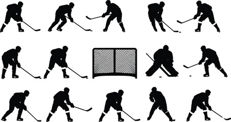 Set of professional ice hockey player silhouettes and goal net icons for sports marketing team branding and athletic competitive tournament graphic design projects © MdRasel