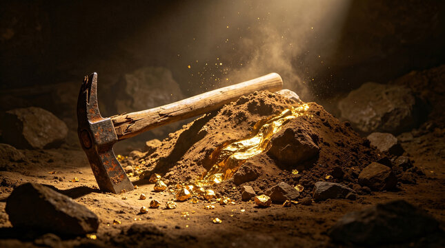Cinematic 3D Illustration of Gold Mining Scene with Pickaxe and Glowing Treasure Nuggets in a Dark Cave