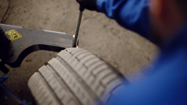 Close-up of a gloved mechanic using a lever on a tire mounting machine, guiding the tread over the rim with precision during automotive maintenance in a workshop.