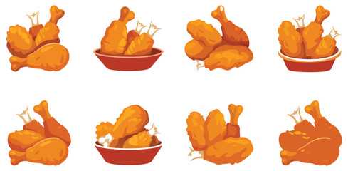 Crispy fried chicken drumstick leg and bucket cartoon illustration set, golden brown crunchy coating, fast food and takeaway concept, delicious meal icons, modern vector design isolated on white © MD REZAUL 1