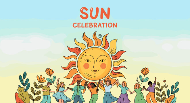A vibrant illustration depicts a joyous sun celebration with diverse people dancing and holding hands under a cheerful sun.