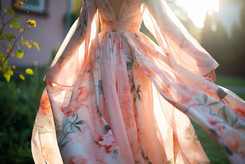 Naklejka premium A flowing, floral-printed dress is billowing in the breeze outdoors. It appears to be a sunny day in a garden setting.