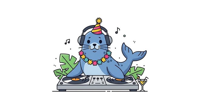 A cartoon seal wearing a party hat, headphones, and a lei, mixing music at a DJ setup with tropical leaves