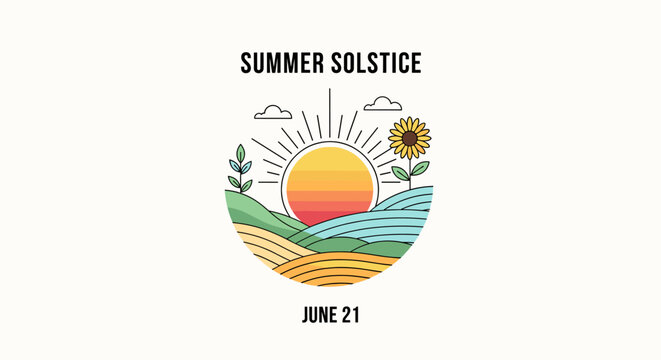 Illustration of the Summer Solstice on June 21st, featuring a vibrant sun, rolling hills, and a sunflower.