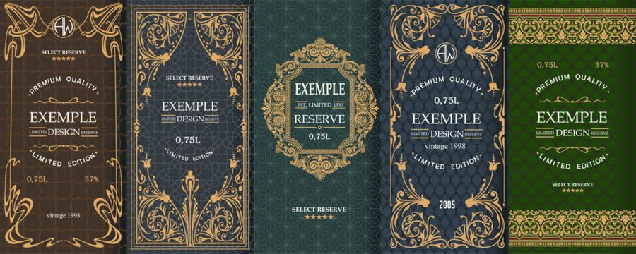 Exquisite set of design templates for label and package of whiskey, brandy, rum, cognac, wine. Perfect art deco, art nouveau style.