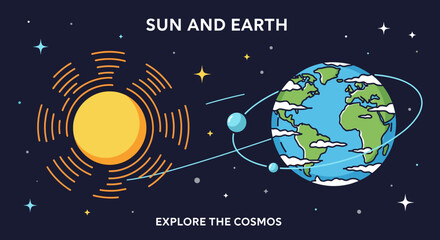 Illustration depicting the Sun and Earth in space, showing the Earth orbiting the Sun with its moon in tow, set against a starry background. © devi