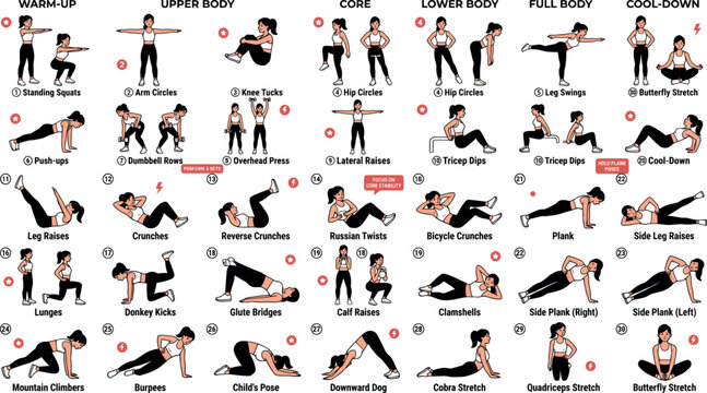 Comprehensive Workout Icons Set with Men and Women Performing Warm-Up, Upper Body, Core, Lower Body, Full Body, and Cool-Down Exercises for Fitness Vector Design