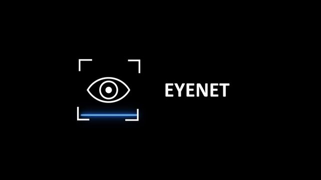 Futuristic biometric eye scanner animation with "eyenet" text for tech presentations