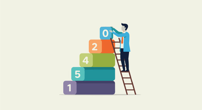 Person on ladder placing number 0 on stacked blocks labeled 1, 5, 4, 2, 0
