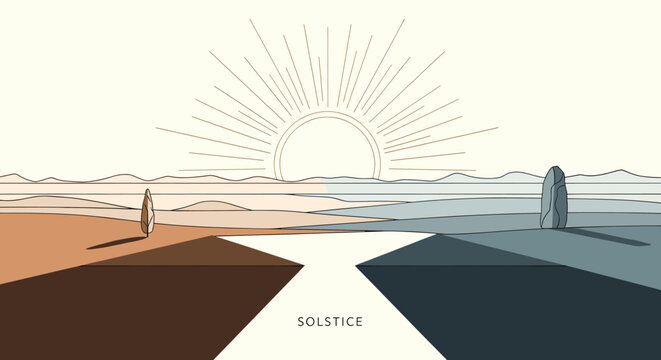 A minimalist illustration depicting the summer solstice with a sunburst over a landscape divided into warm and cool tones, symbolizing the longest day of the year.