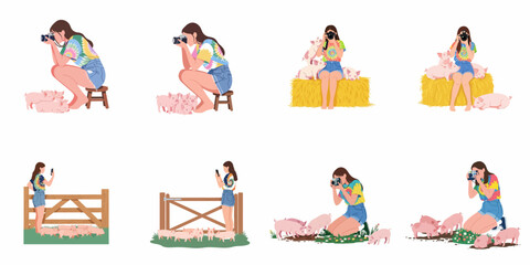 Flat vector set of a young woman taking photos of cute piglets in various farm settings using a camera and smartphone. © Sugih